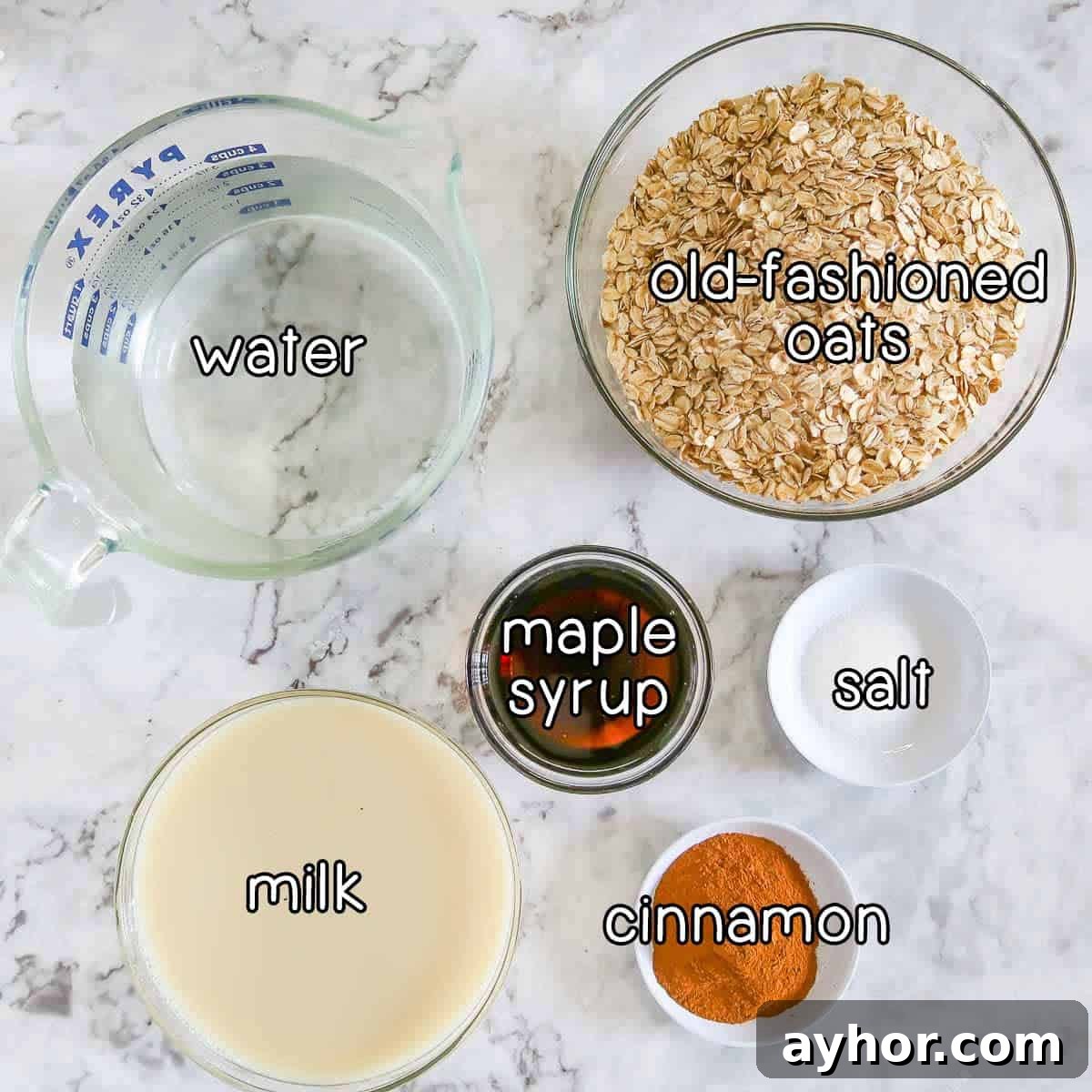 Maple Cinnamon Steel-Cut Oatmeal Made in a Slow Cooker 3 Overhead shot of ingredients - water, old fashioned oats, maple syrup, milk, cinnamon, and salt.