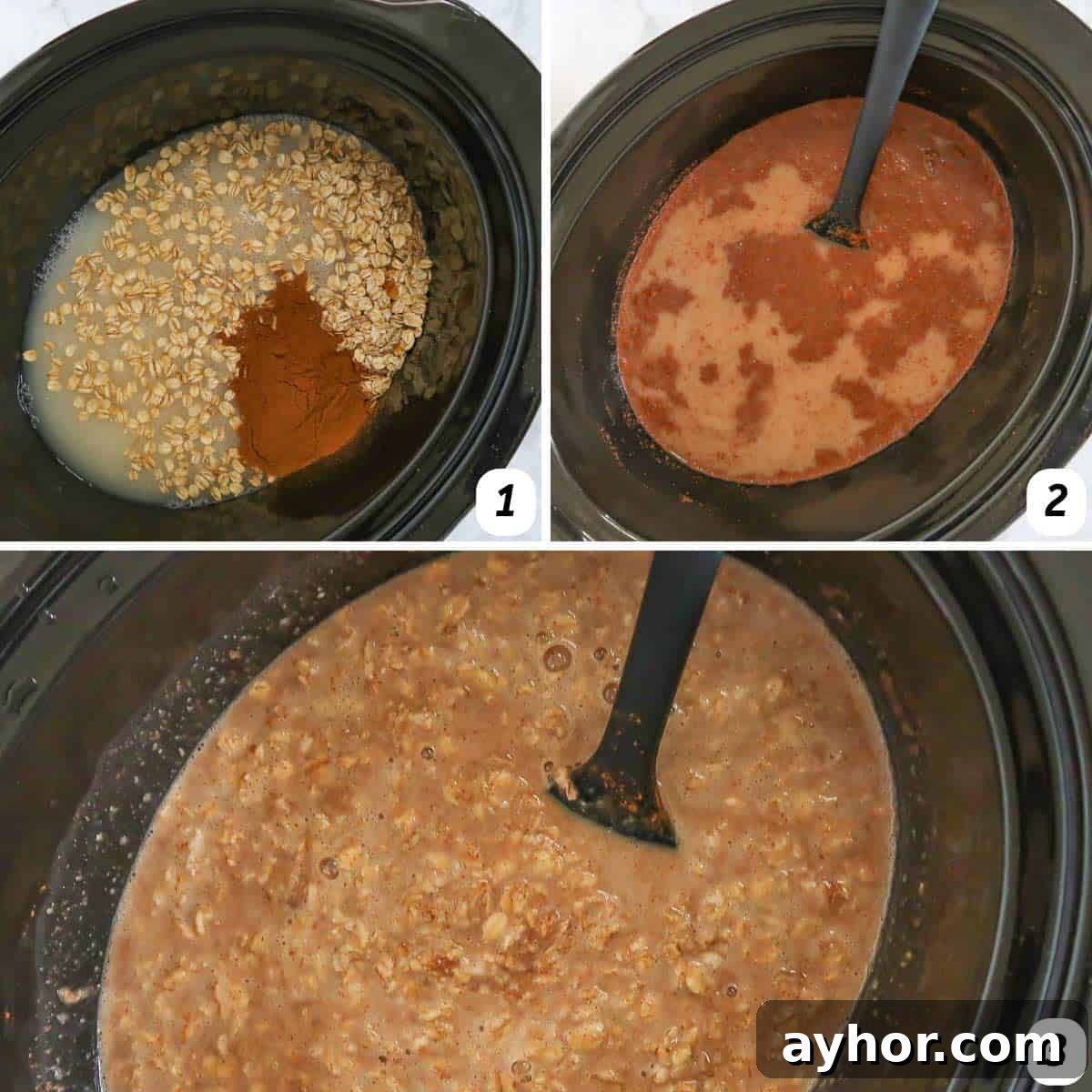Maple Cinnamon Steel-Cut Oatmeal Made in a Slow Cooker 4 Three panel grid of process shots - gradually combining ingredients in the slow cooker and cooking.