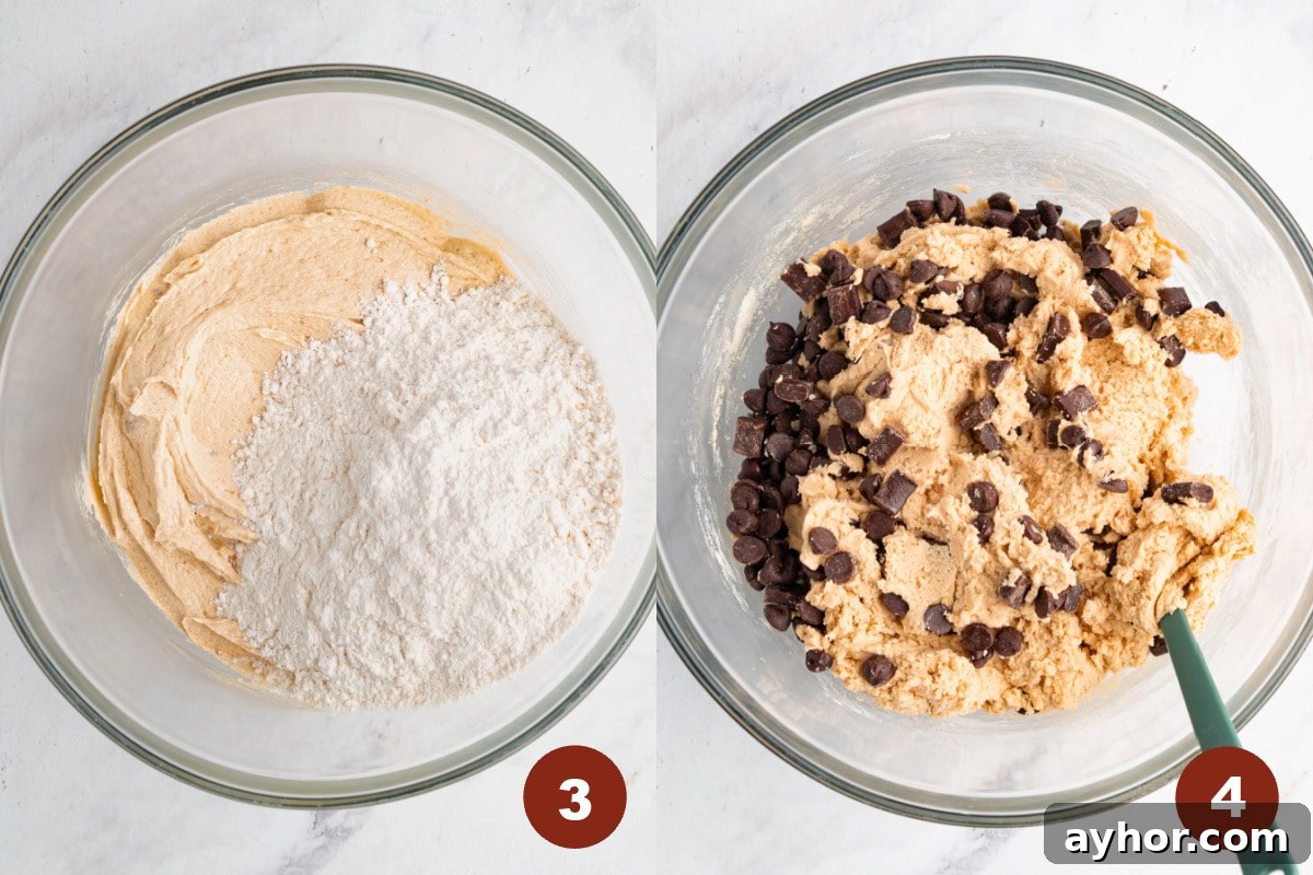 Ultimate S'mores Cookie Recipe: Crispy Edges & Gooey Centers 4 The wet ingredients in the bowl with the dry ingredients. Then the chocolate chips stir in a bowl with the mixed batter.