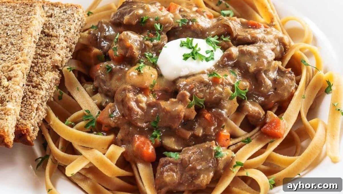 Closeup view of a heart healthy beef stroganoff with diced carrots recipe - Hostess At Heart