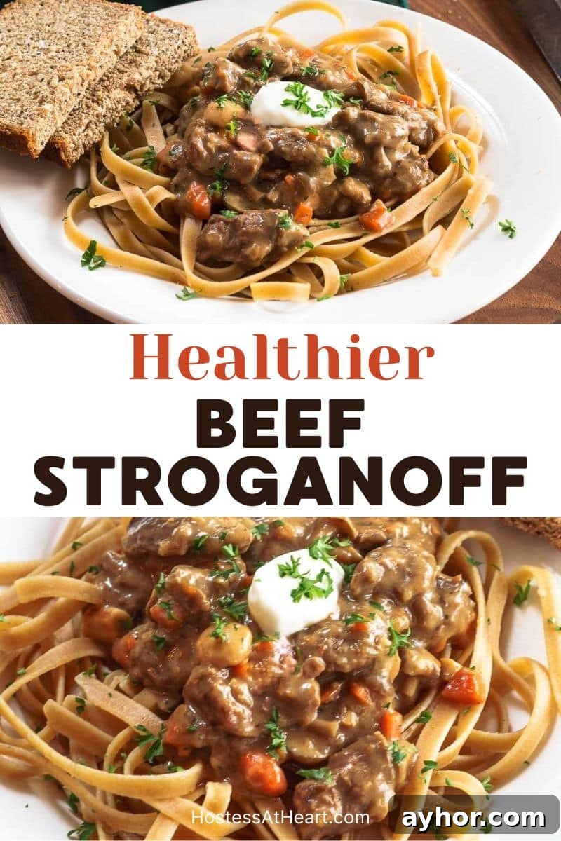 Two photo image for Pinterest of a plate filled with wheat fettuccine pasta topped with a beef stroganoff sauce - Hostess At Heart