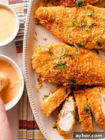 hand dipping slice of panko baked chicken into dipping sauce with platter of chicken on the side