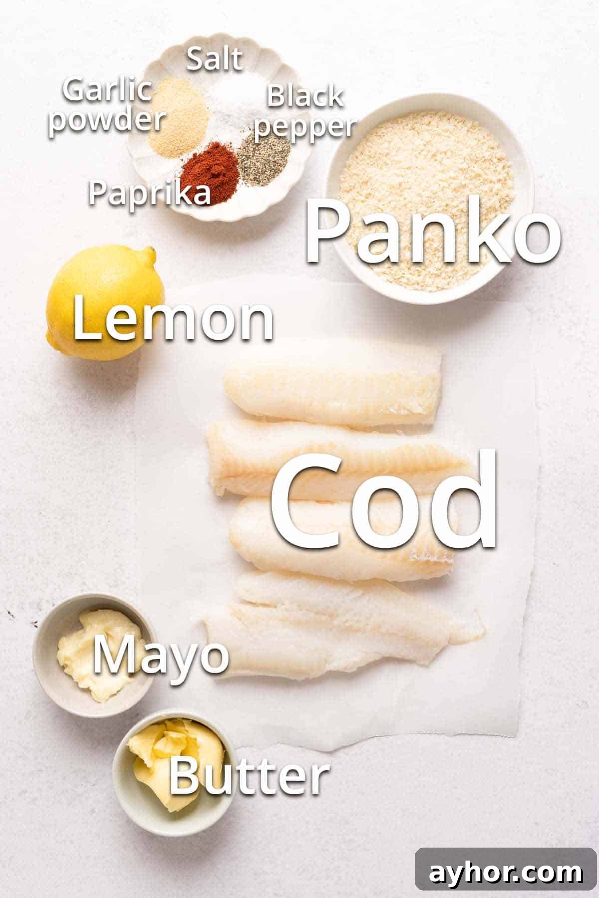 Crispy Panko-Crusted Cod with Lemon Herb Sauce 3 recipe ingredients for panko crusted cod with text labels.