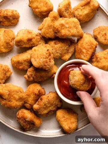 plate of chicken nuggets with hand dipping one nugget into small cup of ketchup