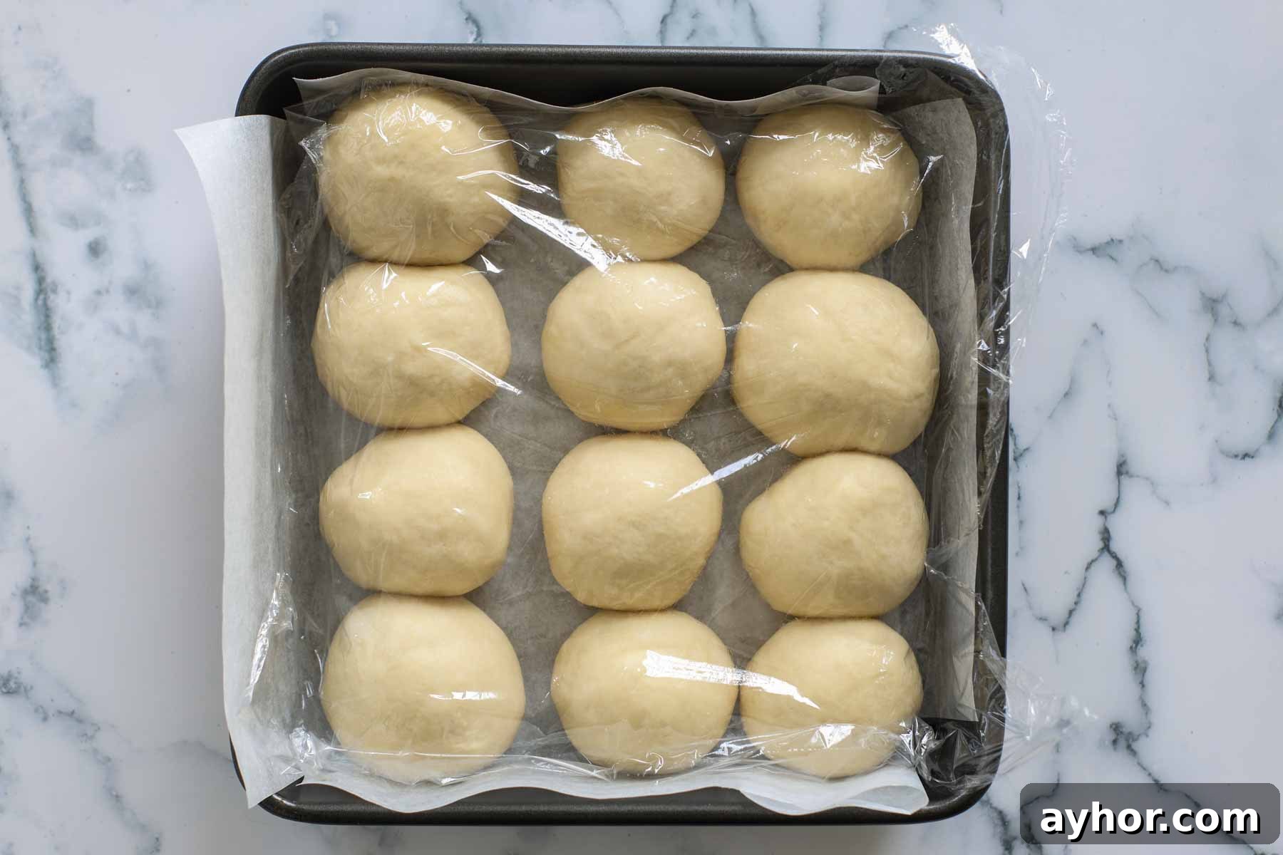 Rolls proofing inside a baking sheet with parchment paper.