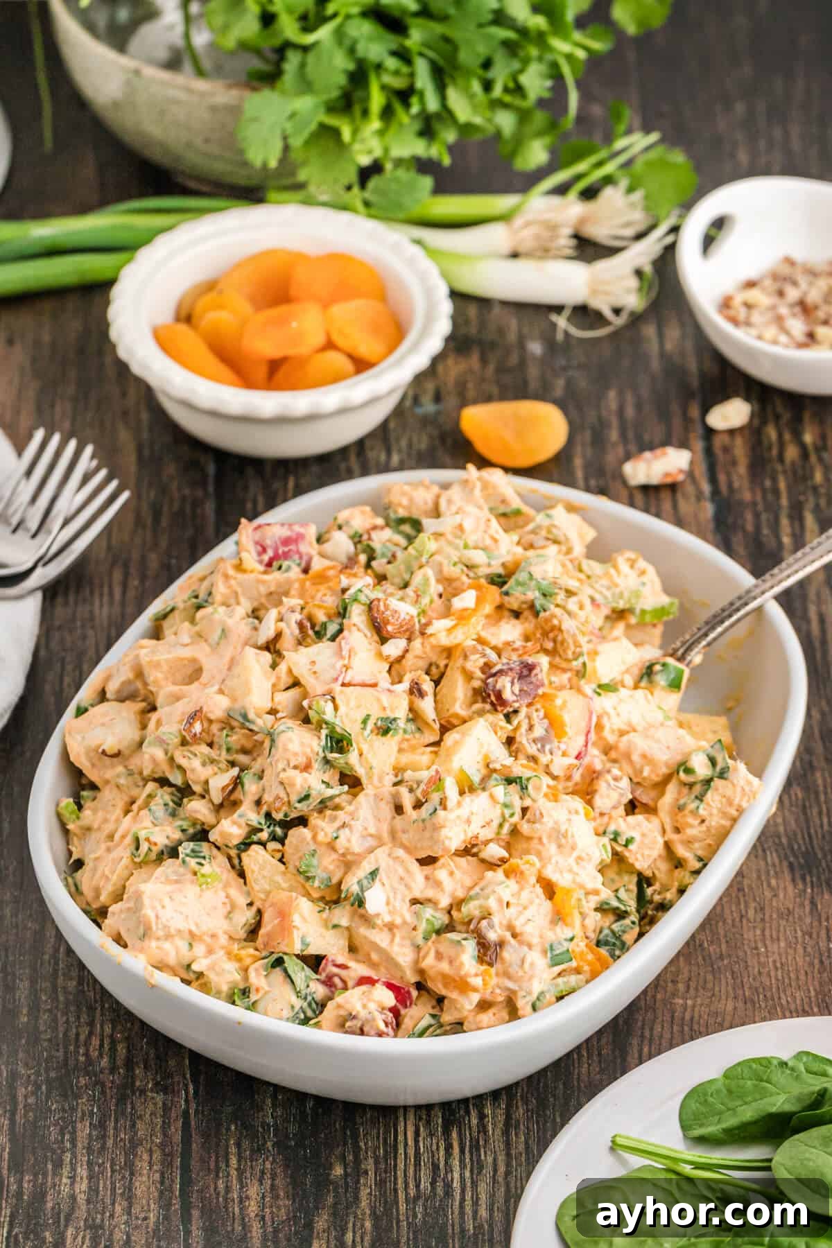 Classic Curried Chicken Salad Recipe for Sandwiches & Lunch 2 Curried chicken salad in a white serving bowl with a spoon.