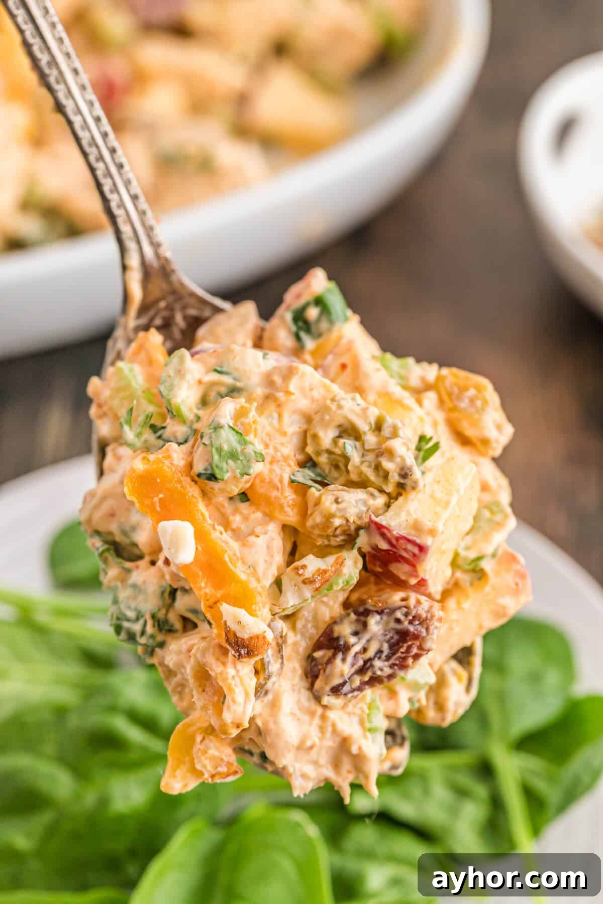 Classic Curried Chicken Salad Recipe for Sandwiches & Lunch 5 A serving spoon with Famous curried chicken salad on it.
