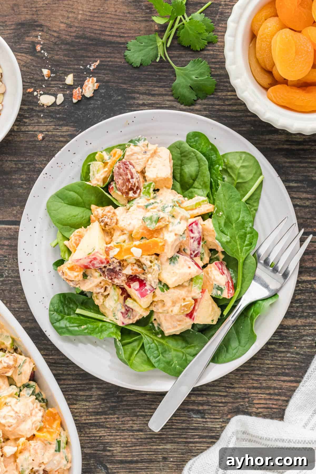Classic Curried Chicken Salad Recipe for Sandwiches & Lunch 6 A plate of famous curried chicken salad on a bed of spinach.