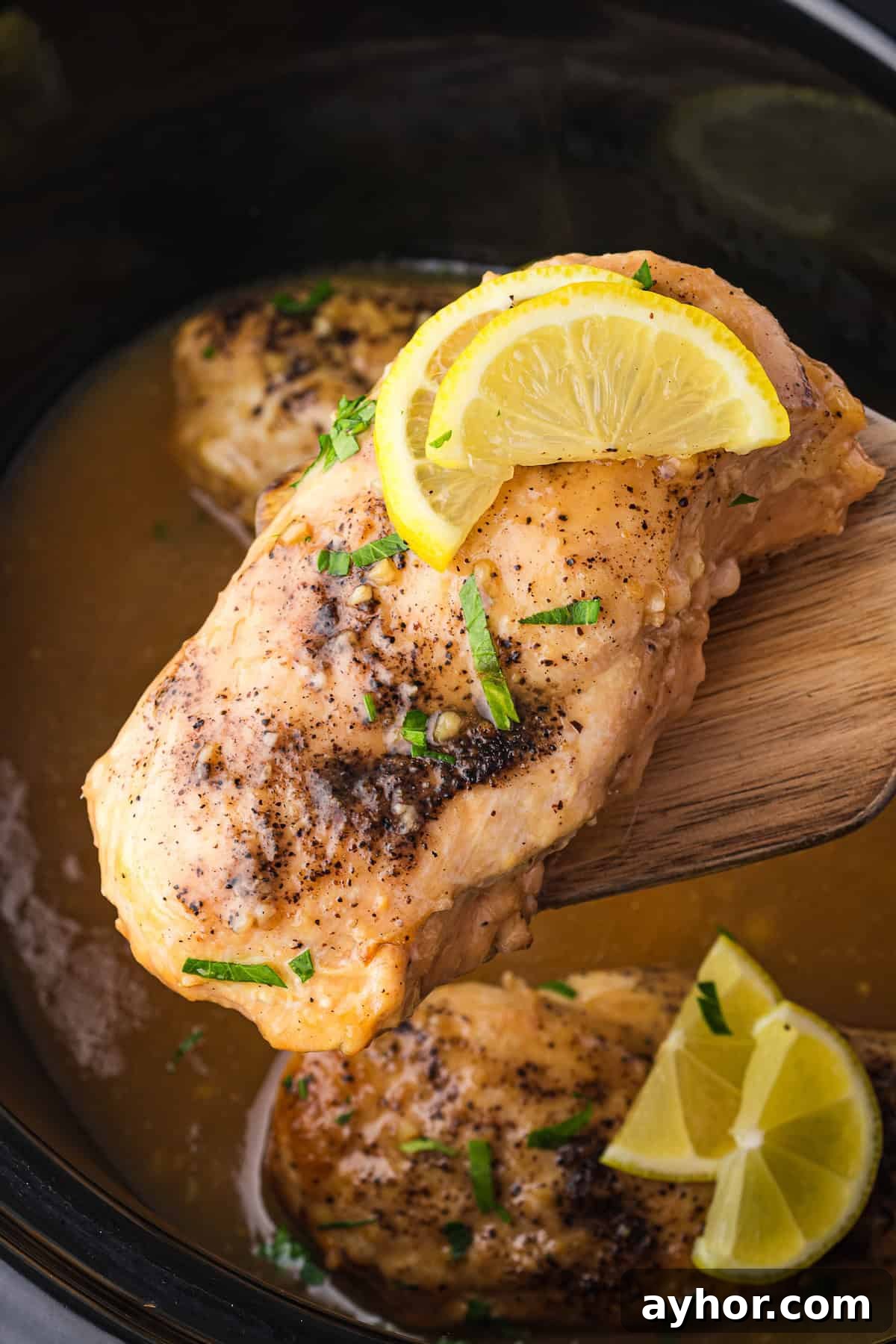 Cooked chicken breast with zesty lemon slices and herbs, prepared in a slow cooker.