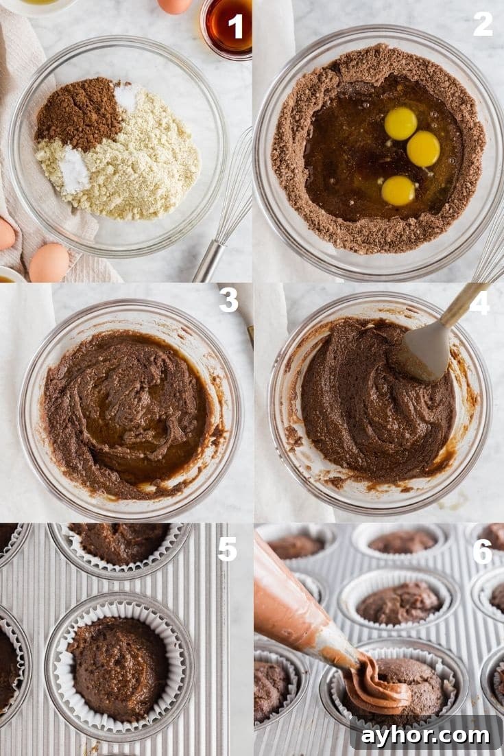 a collage of six photos showing how to make paleo chocolate cupcakes