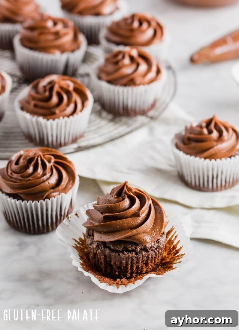 chocolate cupcakes in white paper liners topped with chocolate frosting