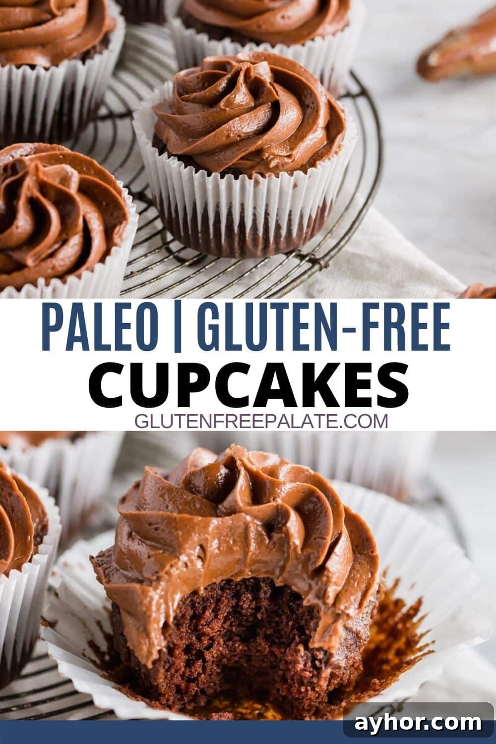 a pinterest pin collage of two photos with the words paleo gluten free cupcakes in the center