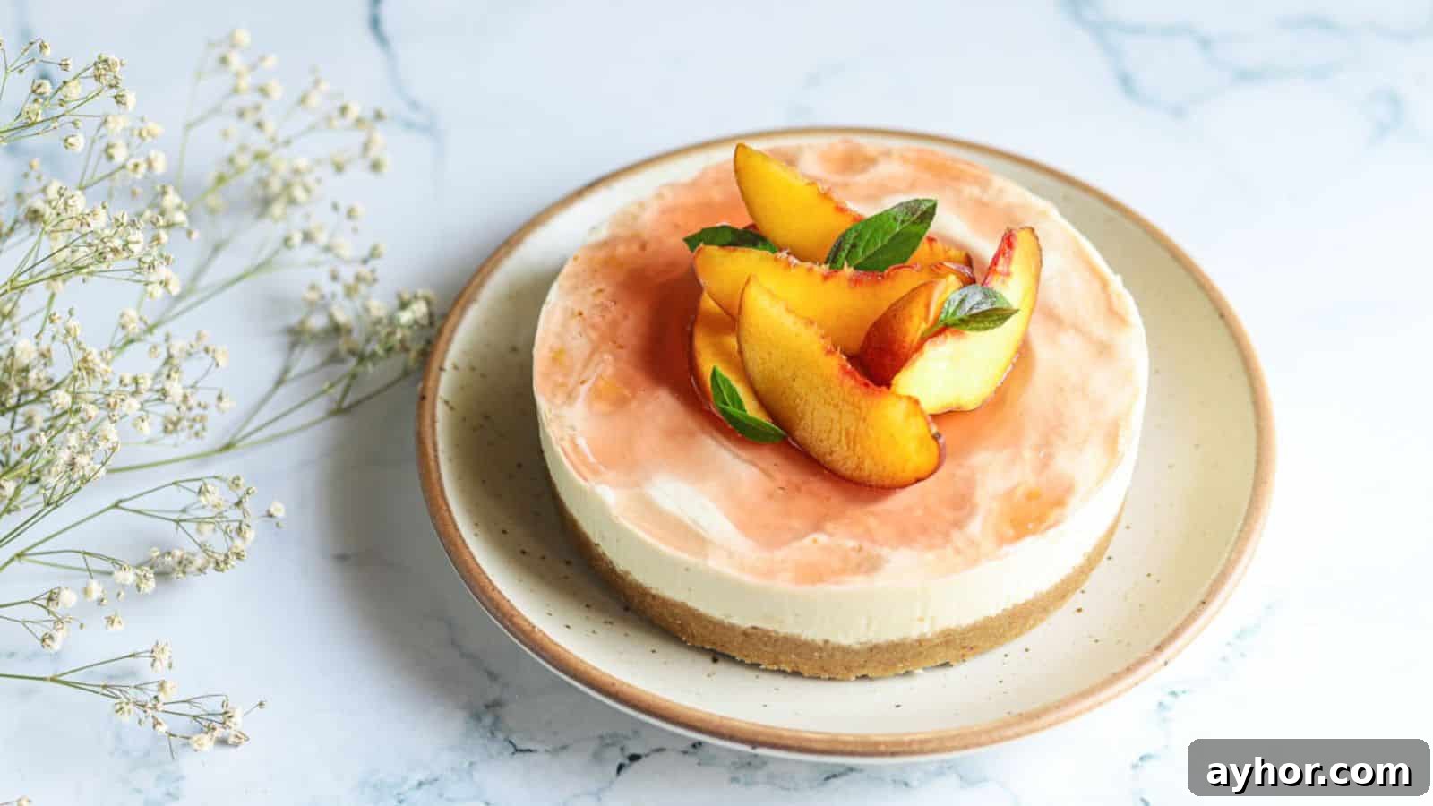 A peach-topped cheesecake on a beige plate, garnished with mint leaves, set on a light marble surface with sprigs of baby's breath flowers nearby.