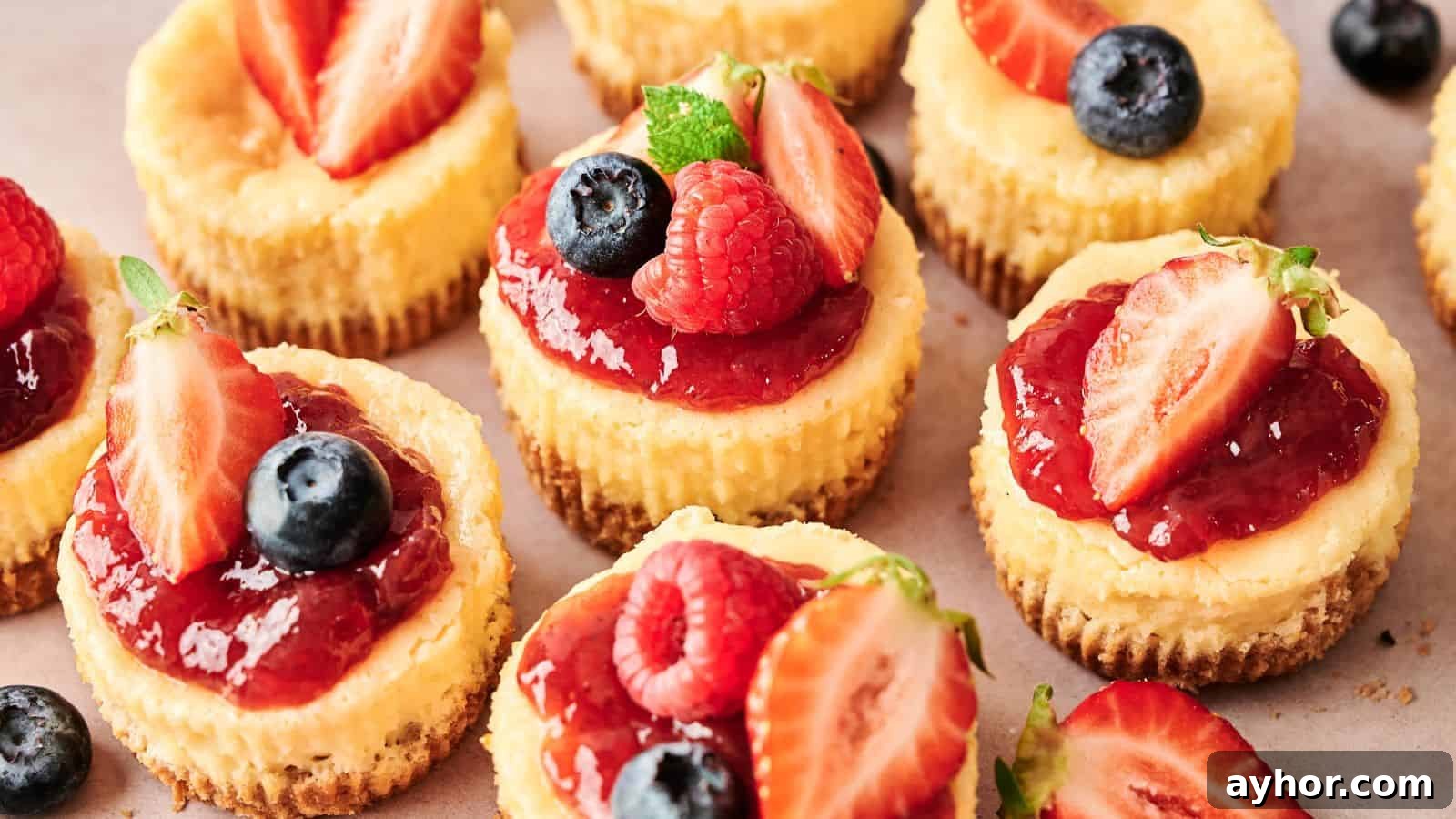 Mini cheesecakes topped with strawberry sauce, fresh strawberries, raspberries, blueberries, and a small mint leaf on a light surface.