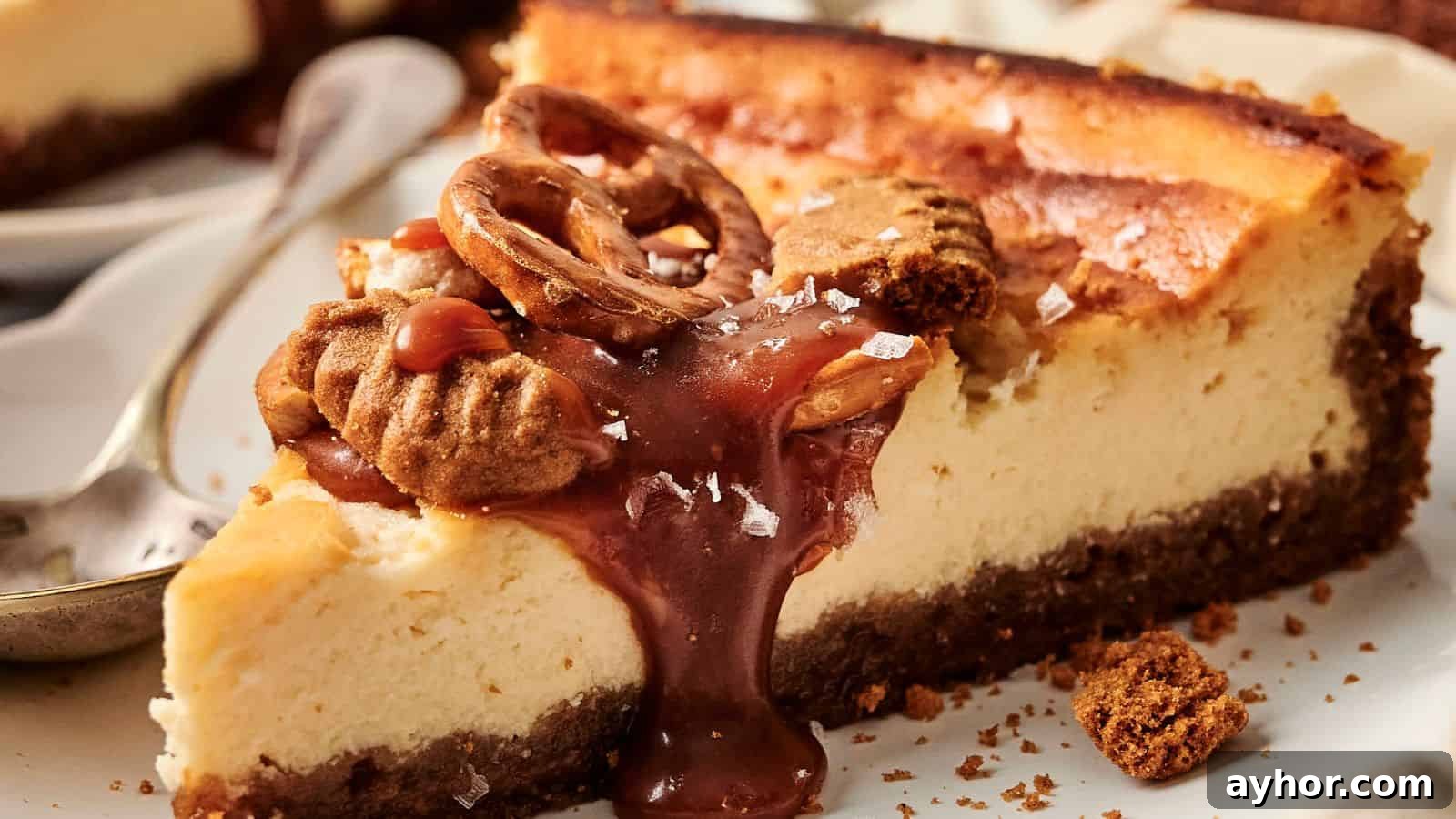 Slice of cheesecake topped with caramel, pretzel, pecan, and sea salt on a plate, with a spoon beside it.