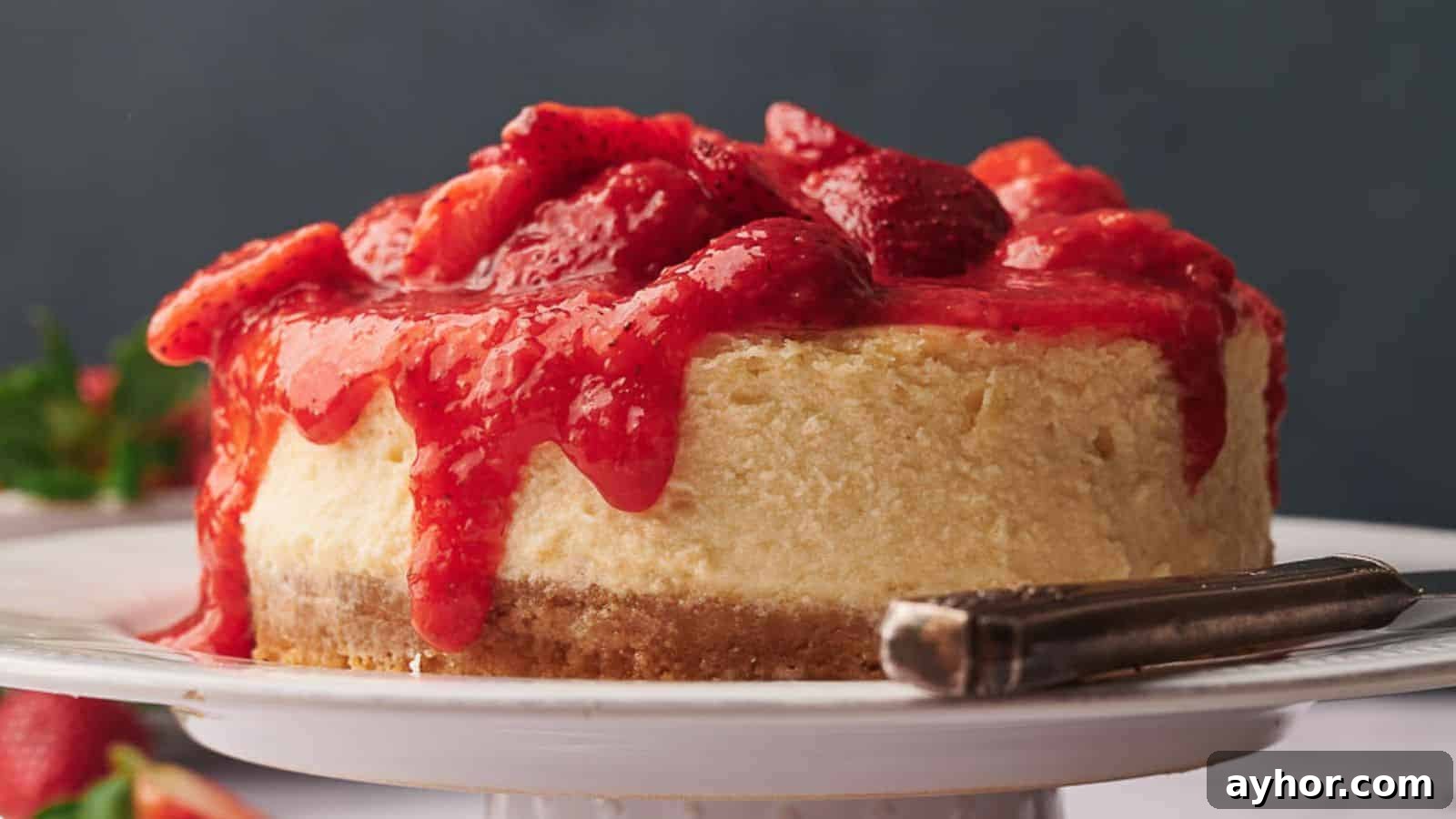 Strawberry cheesecake on cake stand.