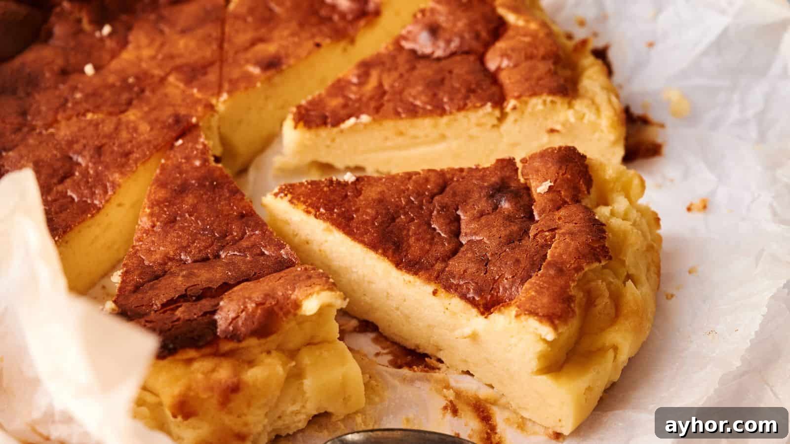 A close-up of several slices of a dense, golden-brown custard or cheesecake on parchment paper.