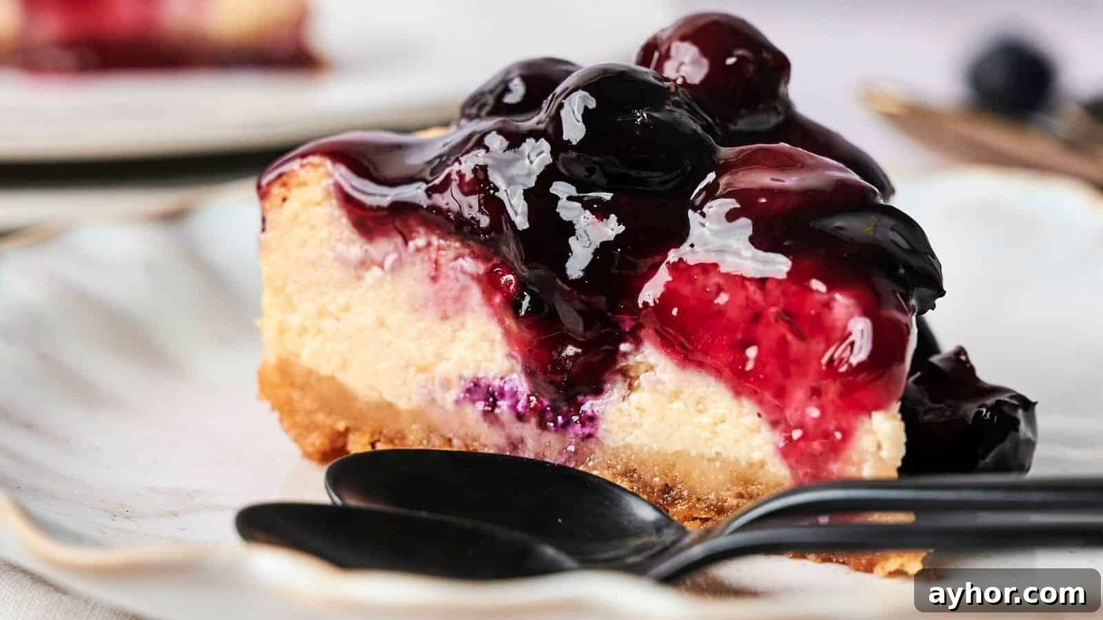 A slice of cheesecake topped with glossy blueberry sauce on a white plate, with two black spoons beside it.