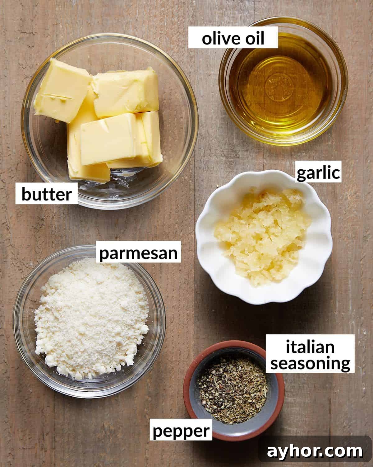 Image of ingredients needed to make garlic bread spread.