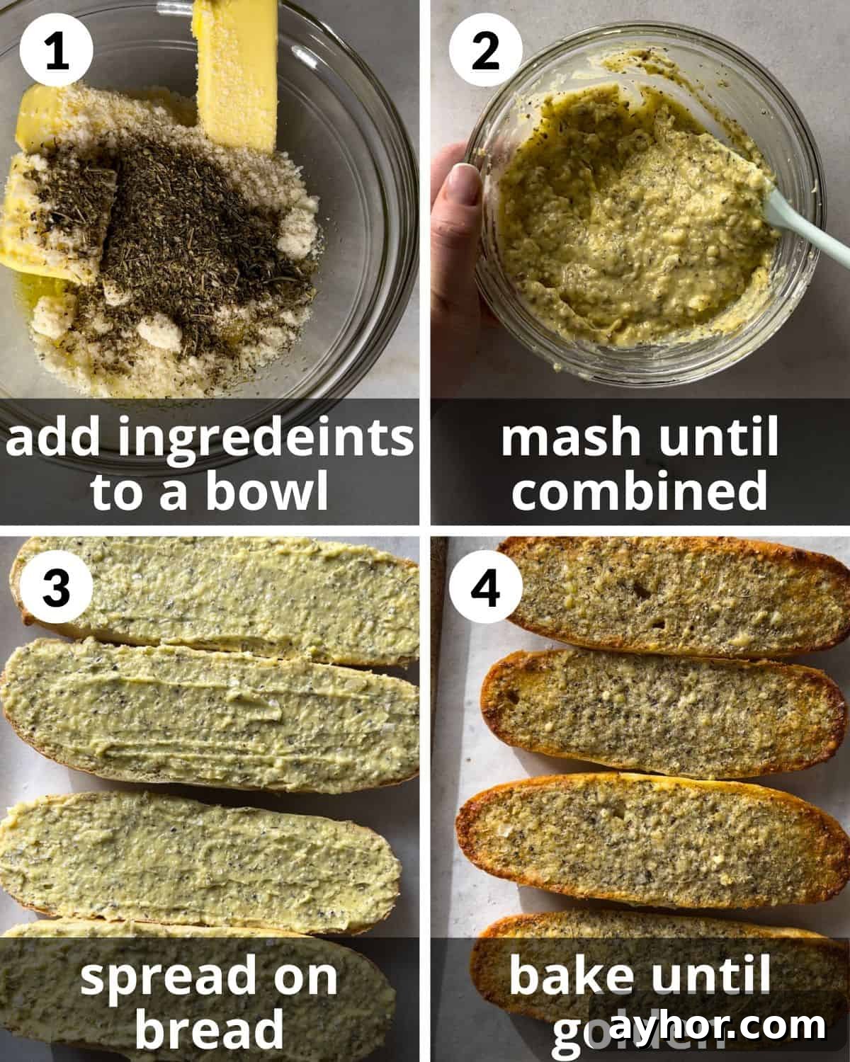 A 4 photo collage showing the assembly of garlic bread spread.