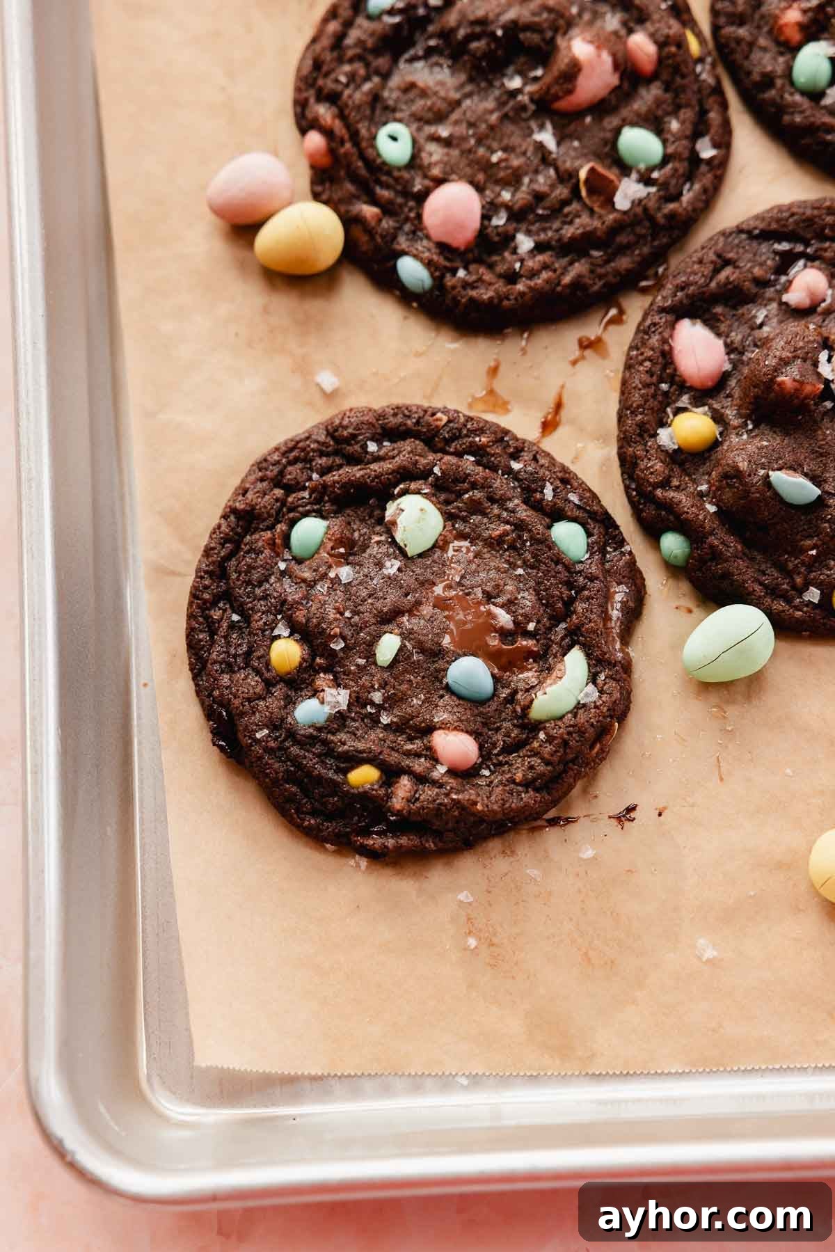 Mini Egg Cookies Recipe: Soft Cookies with Candy Eggs 8 double chocolate mini egg cookies on cookie sheet