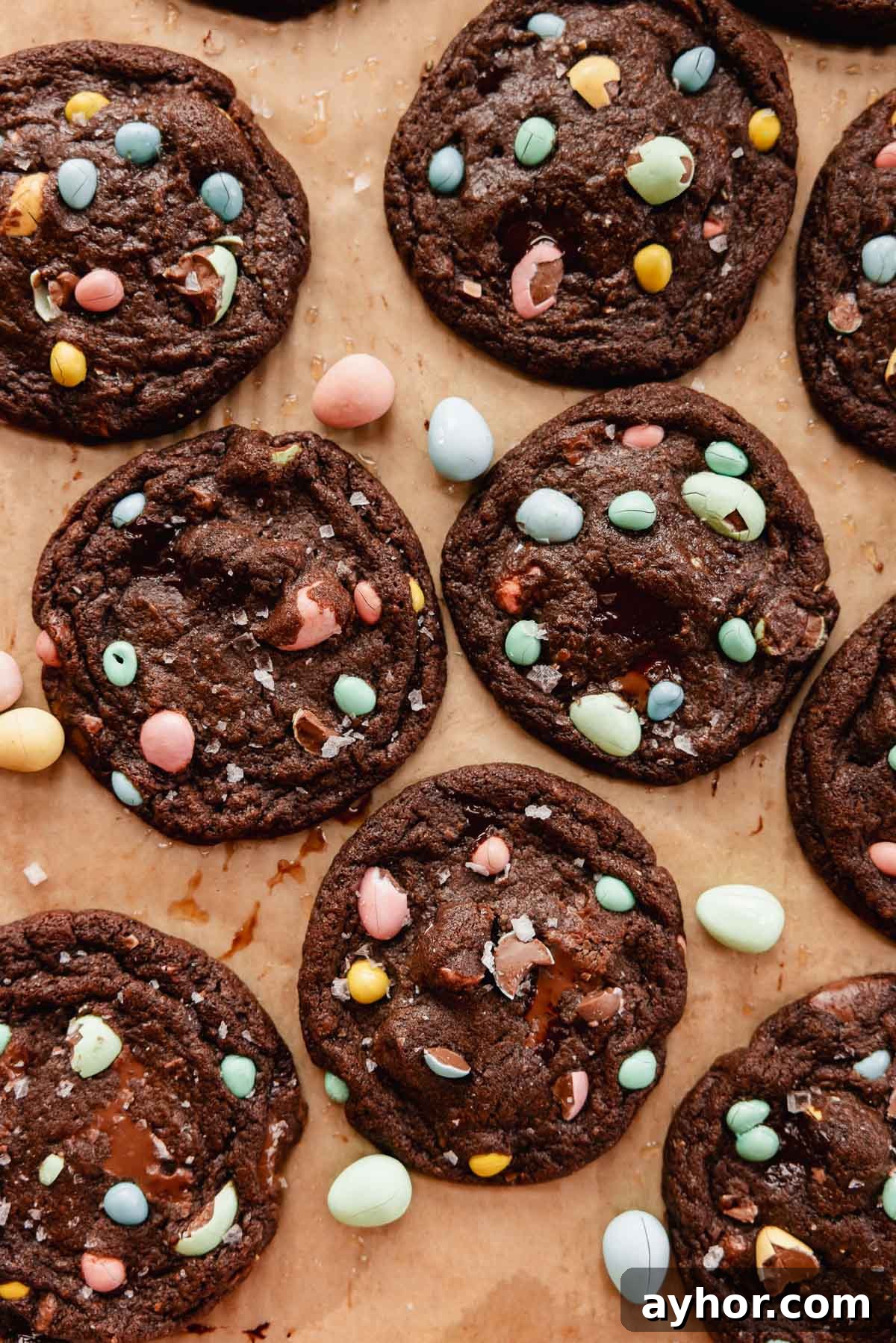Mini Egg Cookies Recipe: Soft Cookies with Candy Eggs 9 baked mini egg cookies on cookie sheet