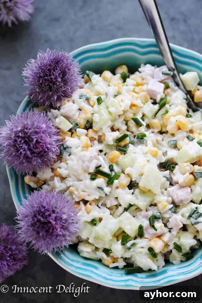 Summer Rice Salad with Corn, Ham, Cucumber and Chives 3 Rice Salad with Corn, Ham, Cucumber and Chives - super easy and refreshing salad that can easily replace your potato or pasta salad for the next BBQ gathering.