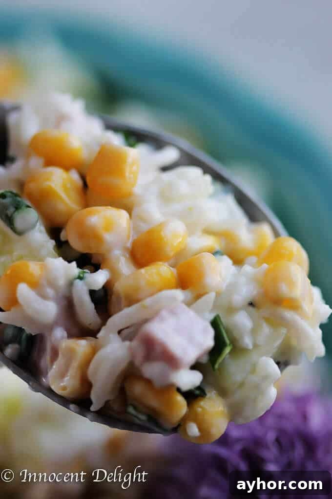Summer Rice Salad with Corn, Ham, Cucumber and Chives 4 Rice Salad with Corn, Ham, Cucumber and Chives - super easy and refreshing salad that can easily replace your potato or pasta salad for the next BBQ gathering.