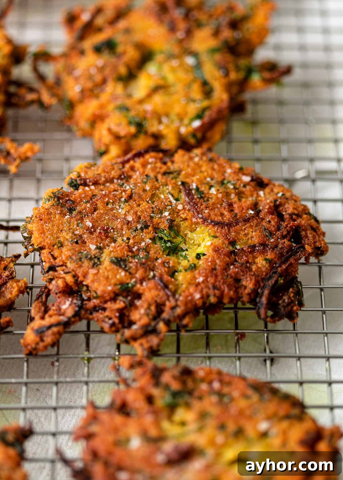 Crispy Zucchini and Lentil Fritters 3 closeup overhead: crispy zucchini lentil fritter on a wire rack