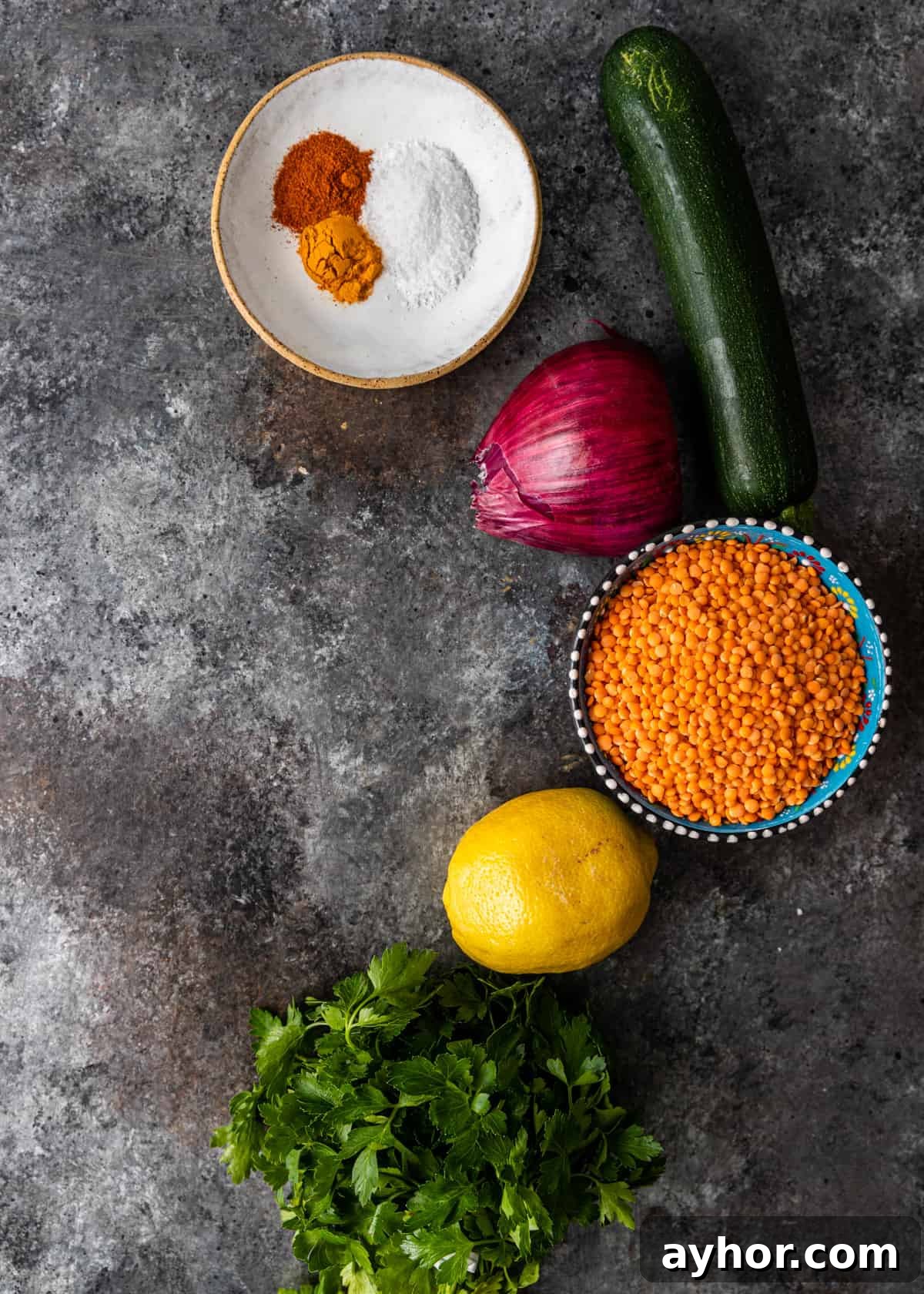 Crispy Zucchini and Lentil Fritters 4 overhead: ingredients to make this lentil fritter recipe