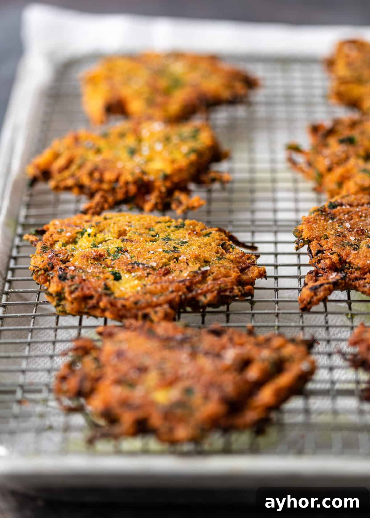 Crispy Zucchini and Lentil Fritters 7 closeup side view: lentil fritters cooling on a wire rack