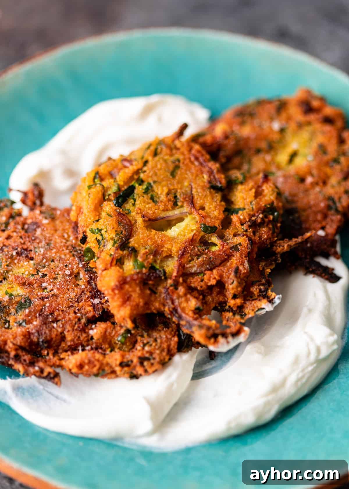 Crispy Zucchini and Lentil Fritters 8 closeup overhead: a plate of lentil fritters over yogurt
