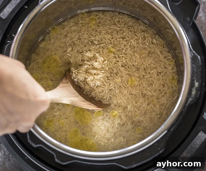 Fluffy Instant Pot Brown Rice in 20 Minutes 8 brown rice being stirred in the instant pot