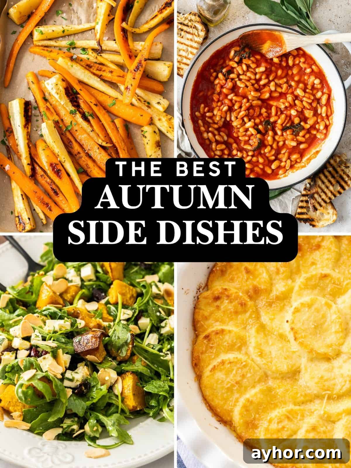 Photo collage of four Autumn Side Dishes: roasted parsnips and carrots, baked beans, pumpkin salad and gnocchi alla romana.