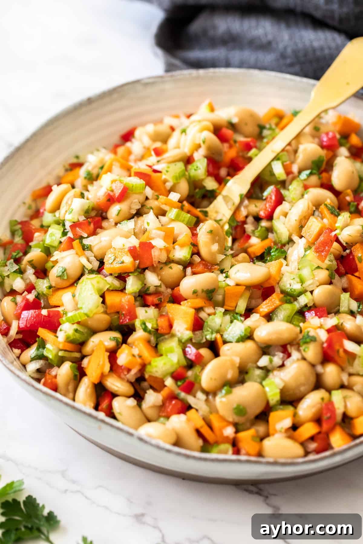 Round dish of Butter Bean Salad, with a spoon sitting in it, and a sprig of parsley and grey towel on edge of photo.