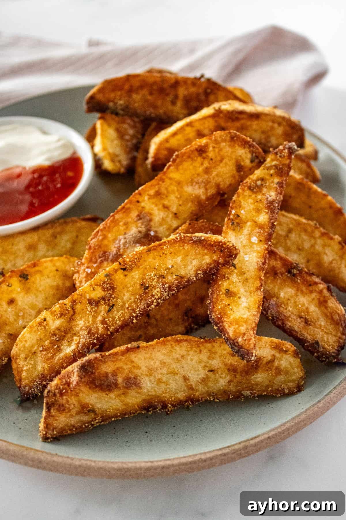 Round grey plate of Crispy Baked Potato Wedges, with a small dish of sour cream and sweet chilli sauce on the side.