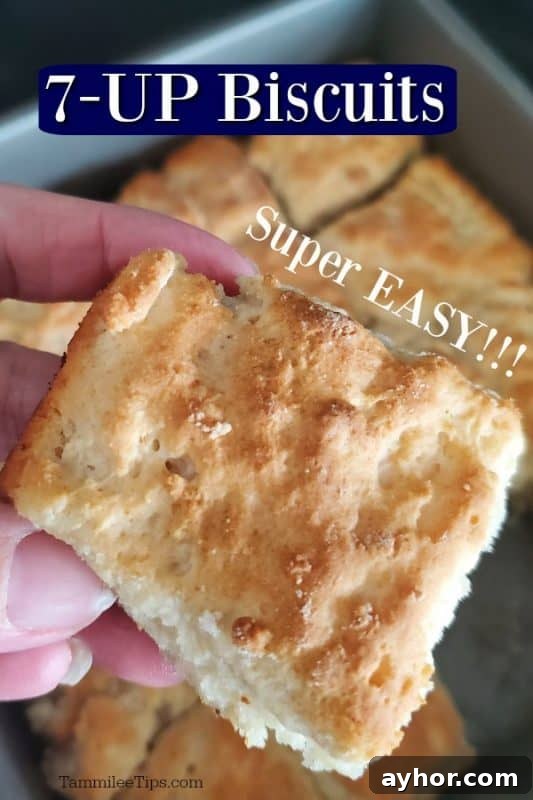 Flaky 7-Up Biscuits Recipe with How-To Video 2 7-up biscuits super easy text over a hand holding a 7up biscuit