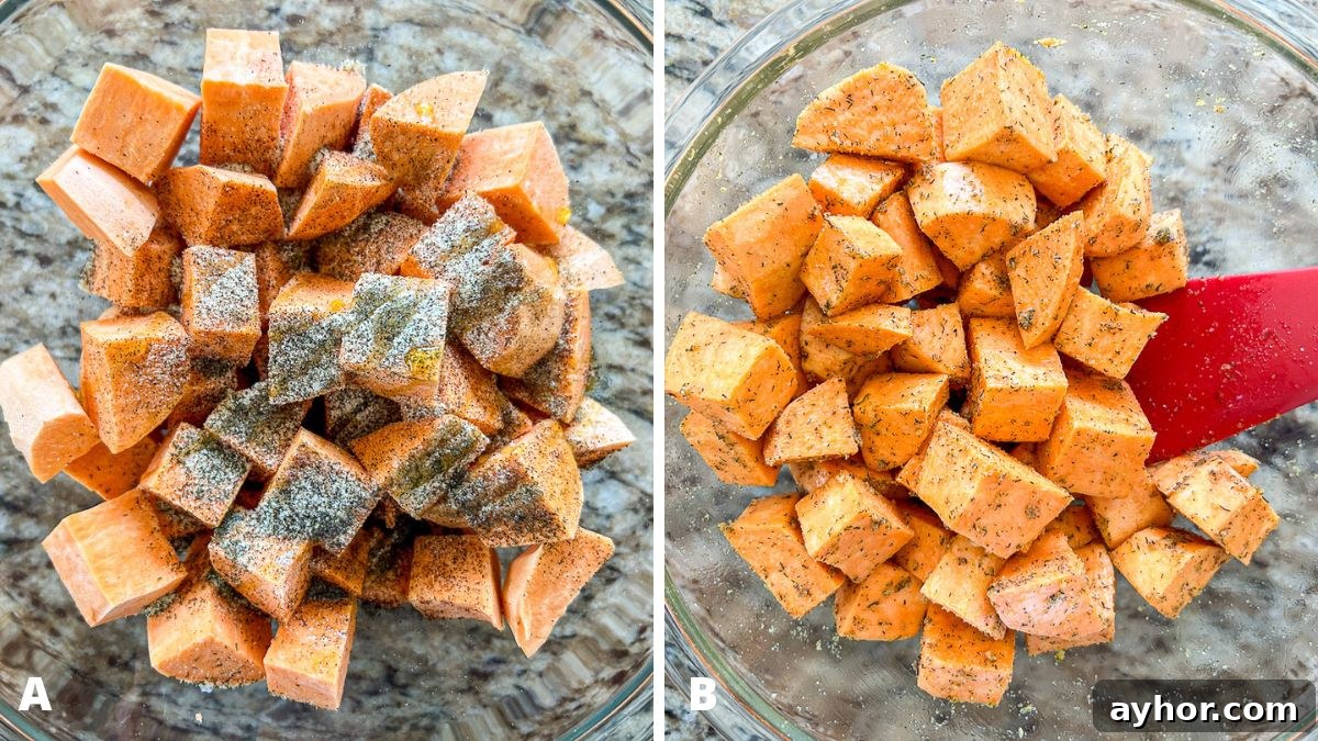 Left - chopped potatoes in a clear bowl with herbs and spices on it. Right - the potatoes and herbs and spices mixed together