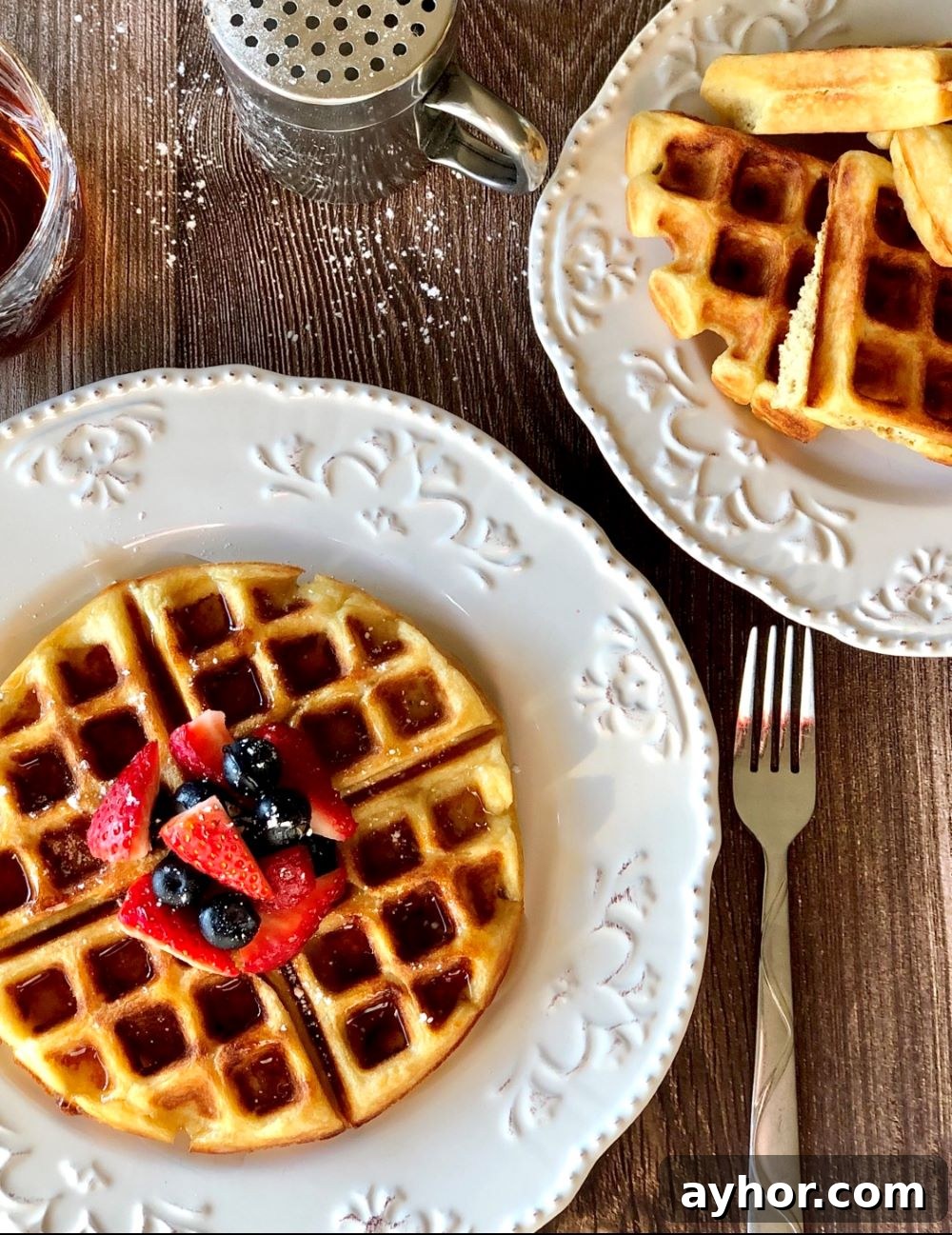 Fluffy Vanilla Buttermilk Waffles Recipe 2 stack of vanilla buttermilk waffles