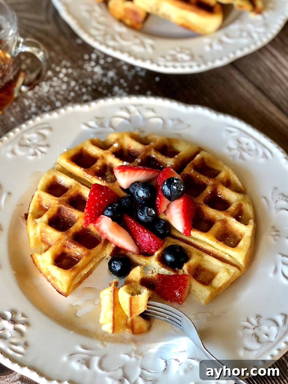 Fluffy Vanilla Buttermilk Waffles Recipe 4 golden waffles on plate