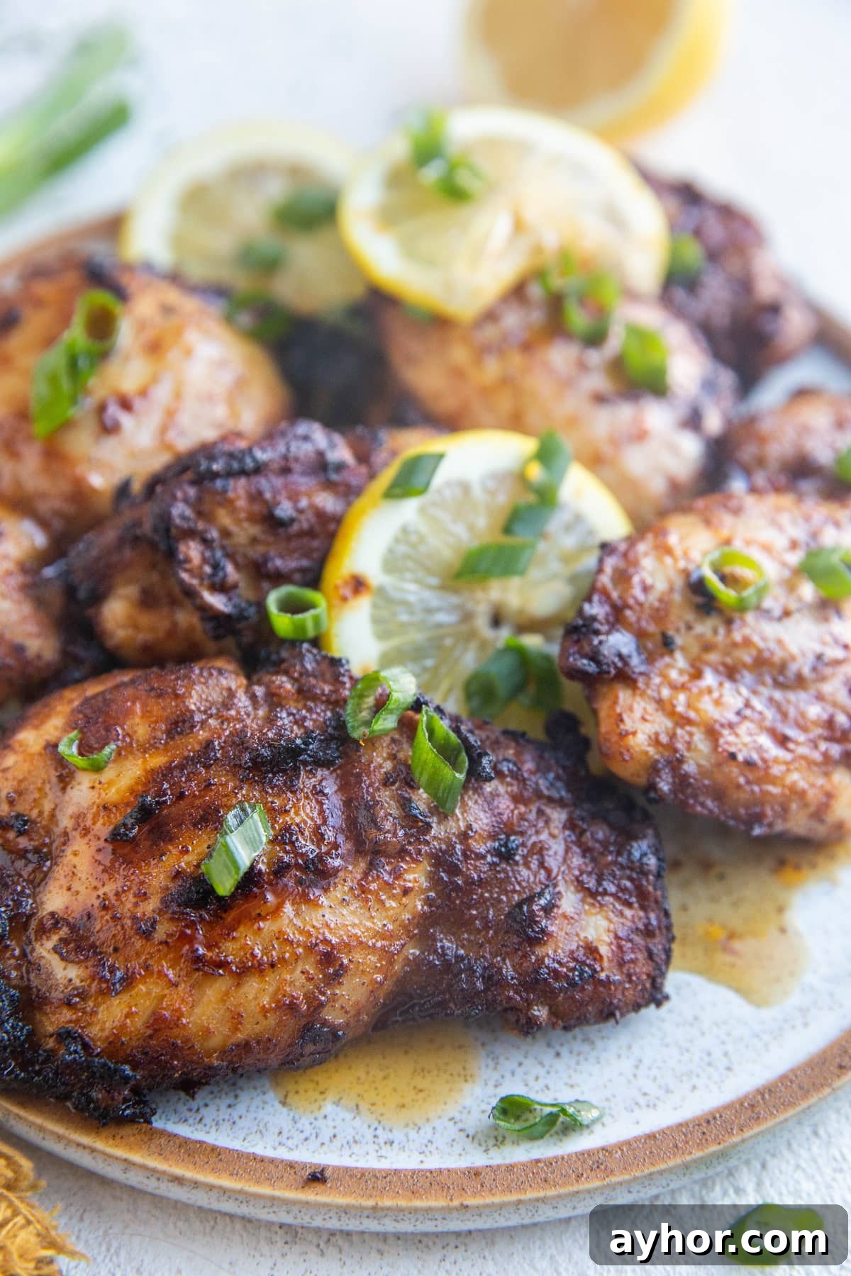 Crispy Mediterranean Chicken Thighs in the Air Fryer 10 Plate of Mediterranean chicken thighs on a white background, ready to serve.