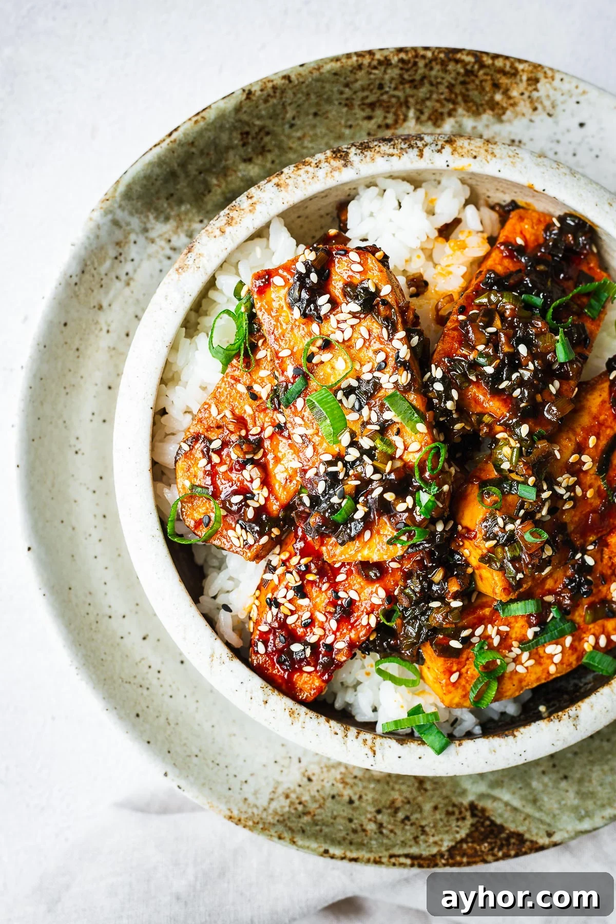 Gochujang Braised Tofu: Spicy Korean Tofu Recipe 2 Top down close-up of a ceramic bowl with white rice topped with Korean braised tofu, sesame seeds and green onion.