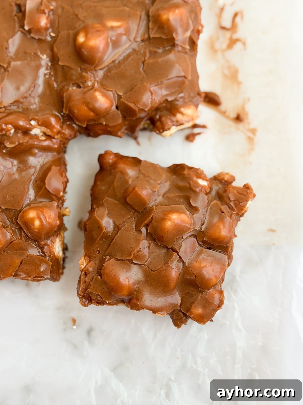 a close up top view of a peanut butter marshmallow brownie.