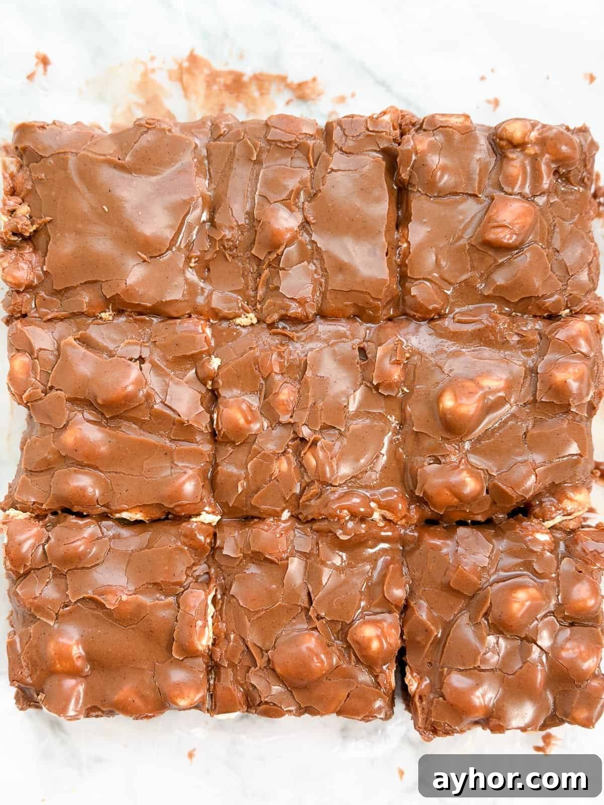 a close up of all the brownies right after being cut.