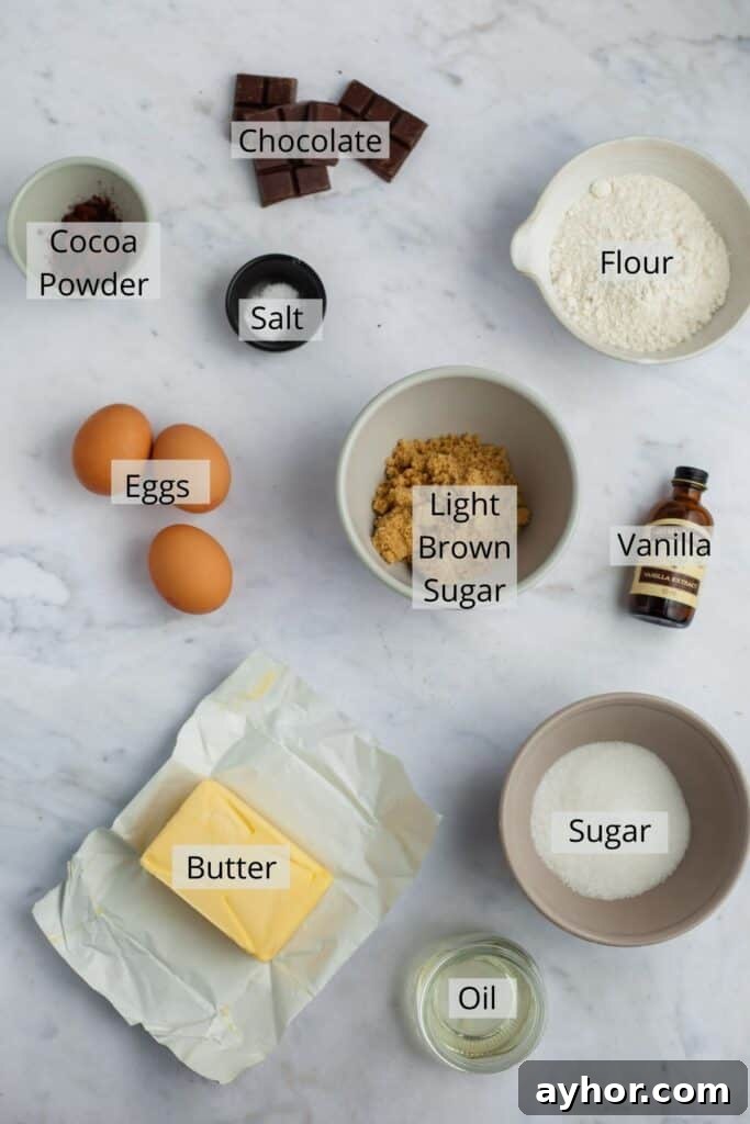 Decadent Chocolate Brownie Pie Recipe 3 overhead shot of ingredients for brownie pie filling