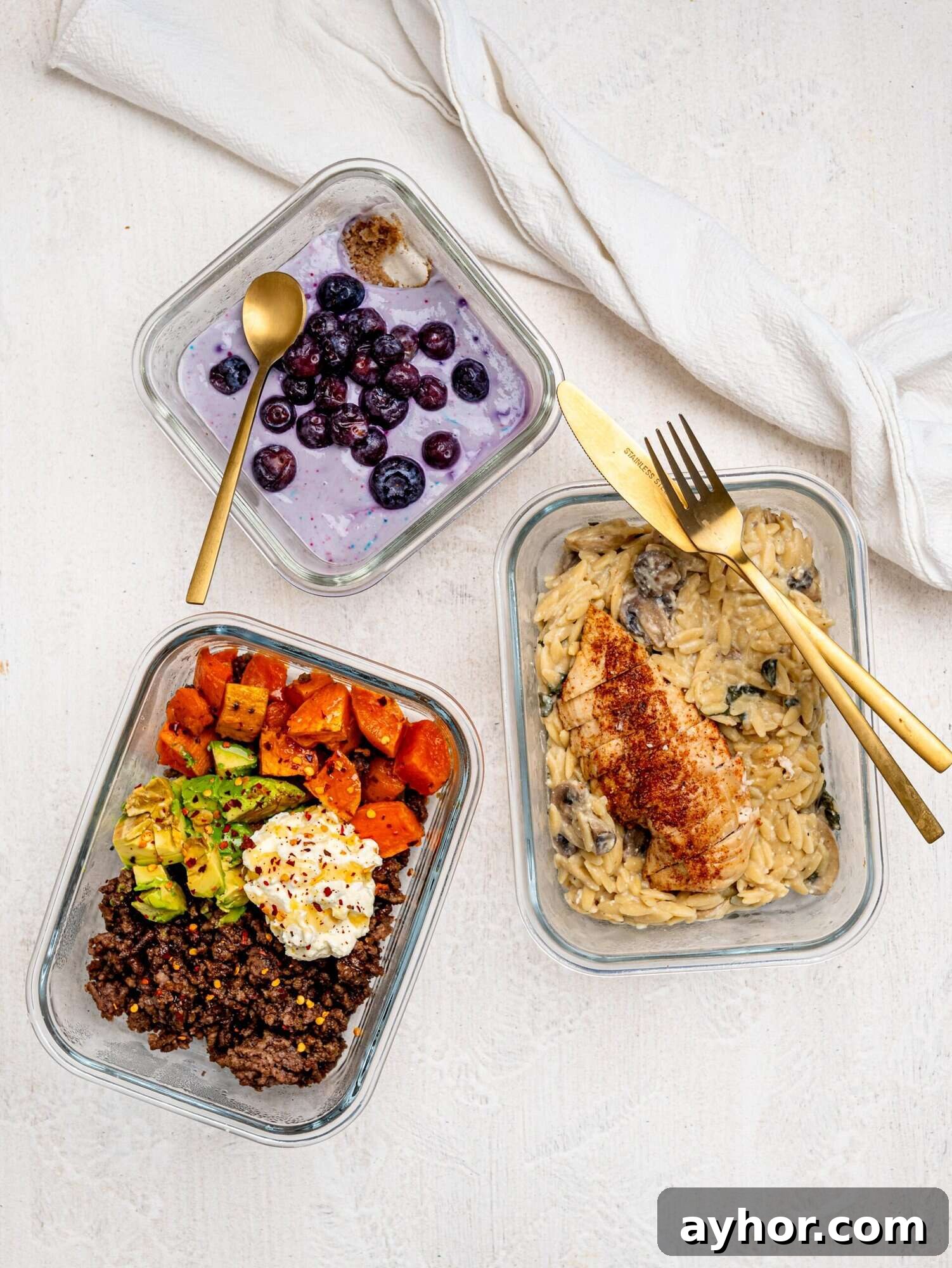 4-Day High Protein Meal Prep Plan: 140+g Protein Daily 2 Blueberry cheesecake overnight weetbix, creamy mushroom orzo with chicken, viral hot honey beef bowl meal-prep.