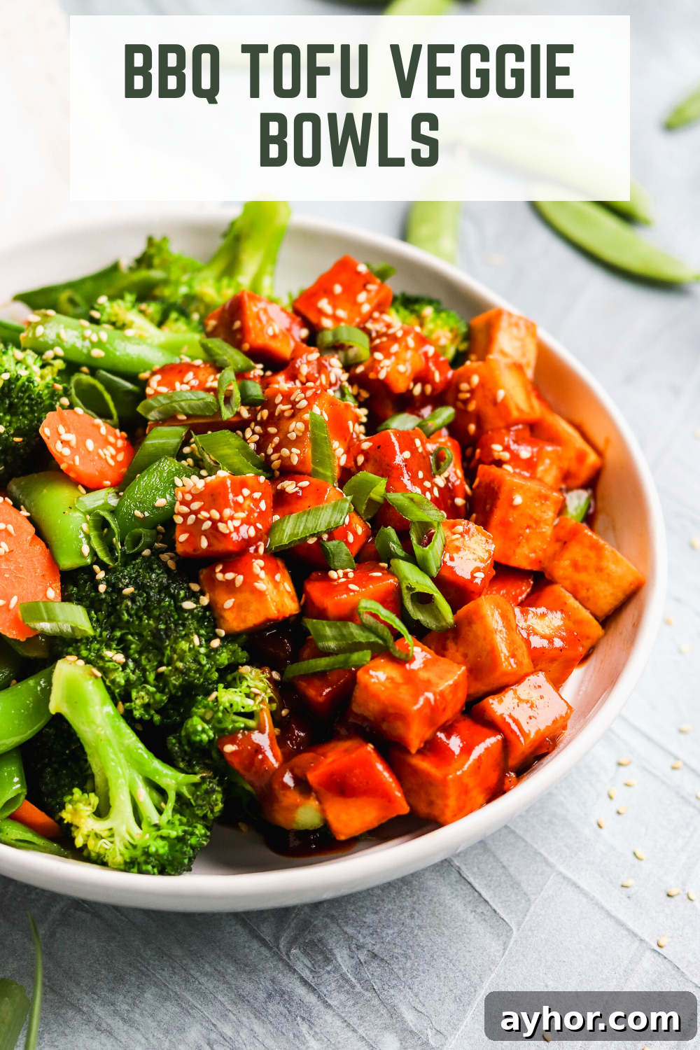 BBQ Tofu and Roasted Veggie Bowls 5 These BBQ tofu veggie bowls will make you love tofu! This easy vegetarian recipe uses homemade BBQ sauce that is free of corn syrup and can be made vegan. Served with broccoli, snap peas, and carrots, BBQ tofu is a filling vegetarian or vegan meal that's also healthy.